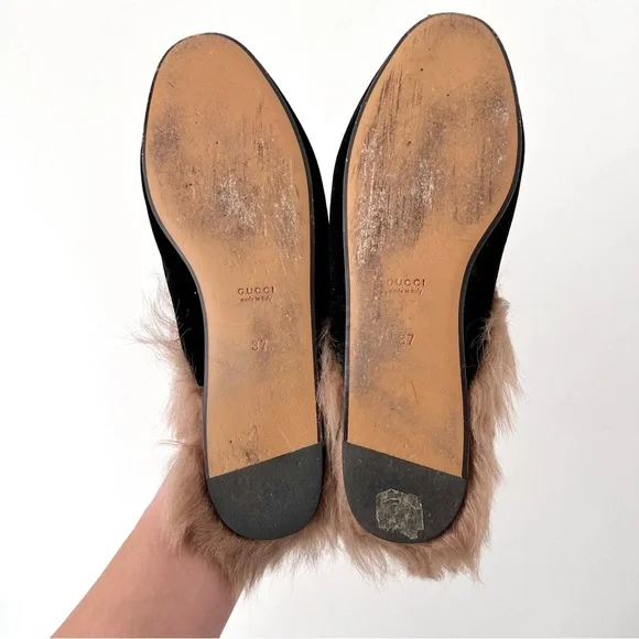 GUCCI || Princetown Fur Black Velvet Horsebit Mules Flats Slides Slippers US 7 - Picture 8 of 9